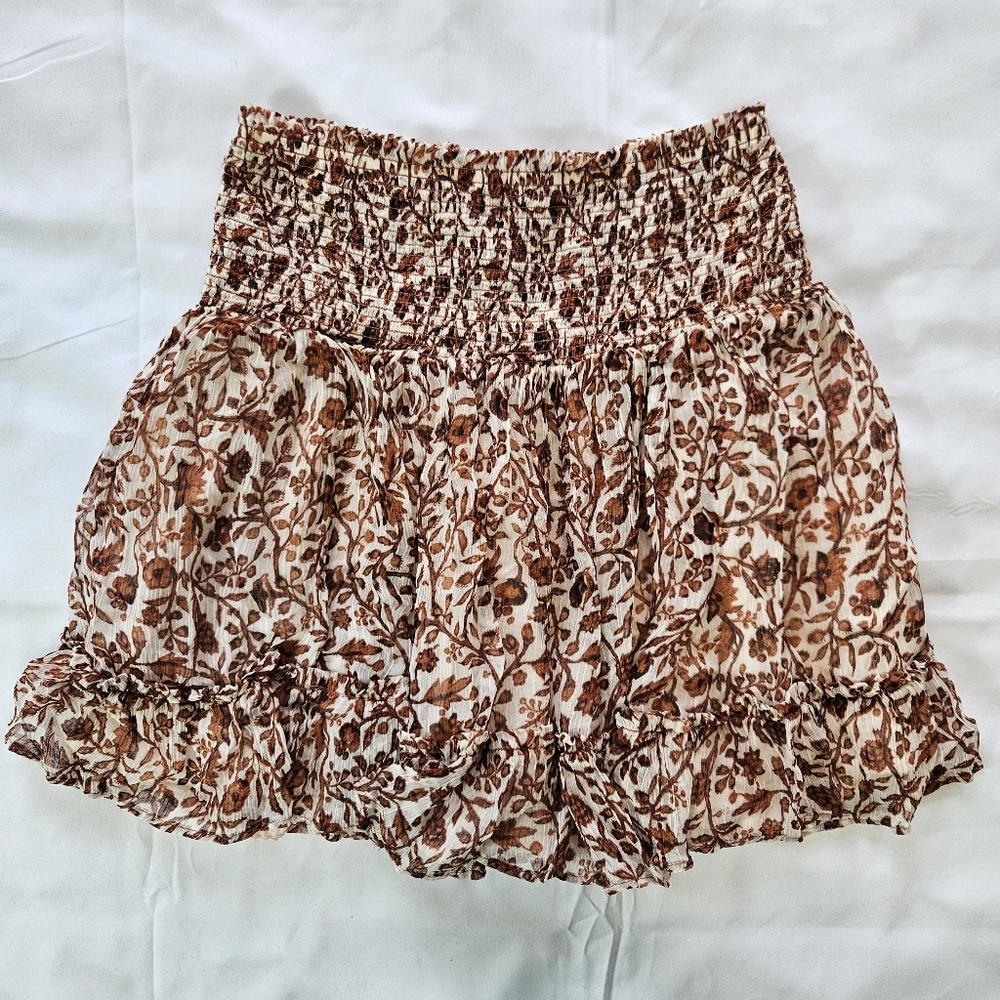 Anthropologie Womens XS Smocked Waist Mini Skirt Ruffle Brown White Floral